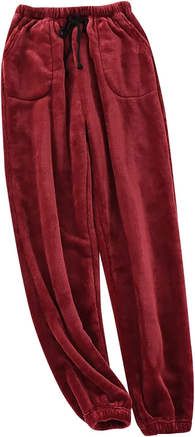 Warm Pajama Pants for Men Fluffy Sleepwear Drawstring Lounge Pants Casual Loose Fit Solid Fleece Trousers Home
