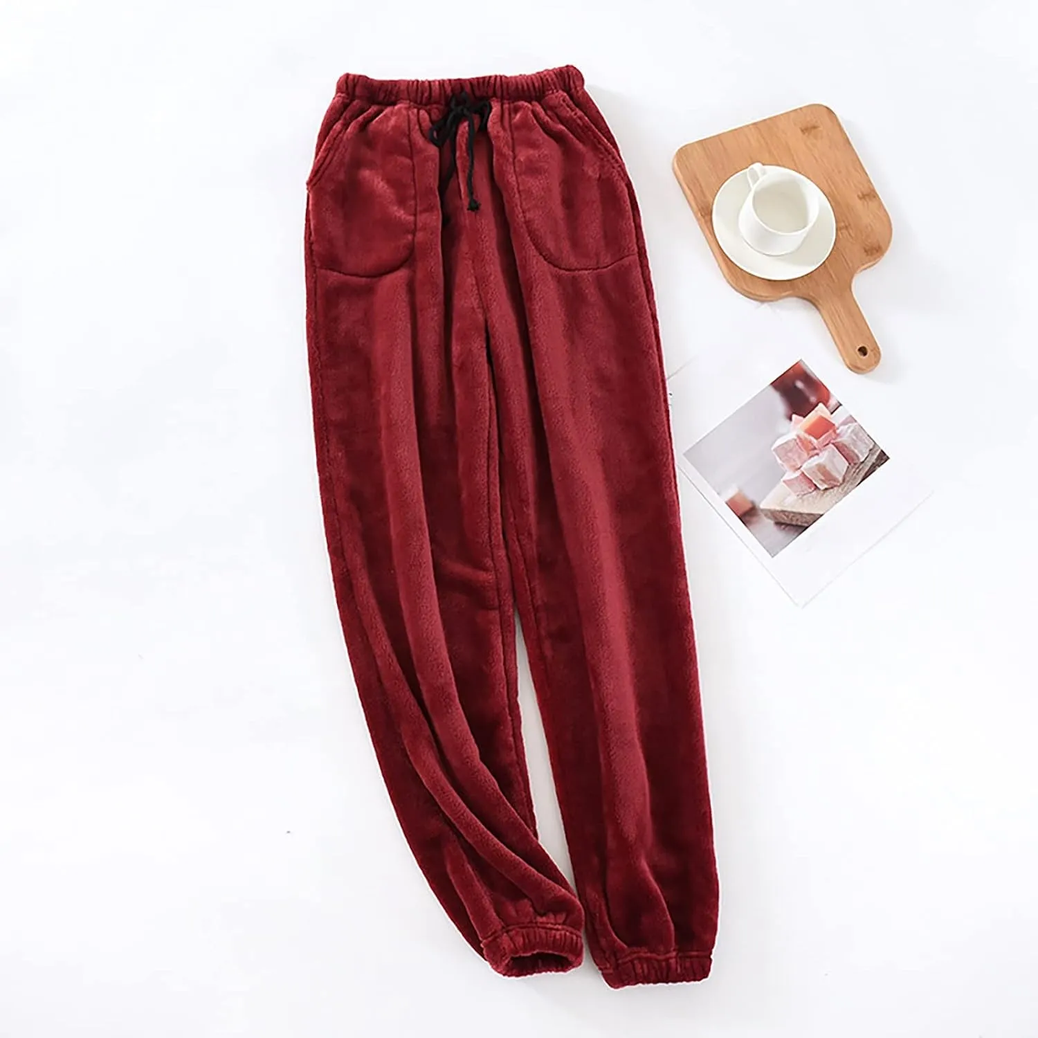 Warm Pajama Pants for Men Fluffy Sleepwear Drawstring Lounge Pants Casual Loose Fit Solid Fleece Trousers Home