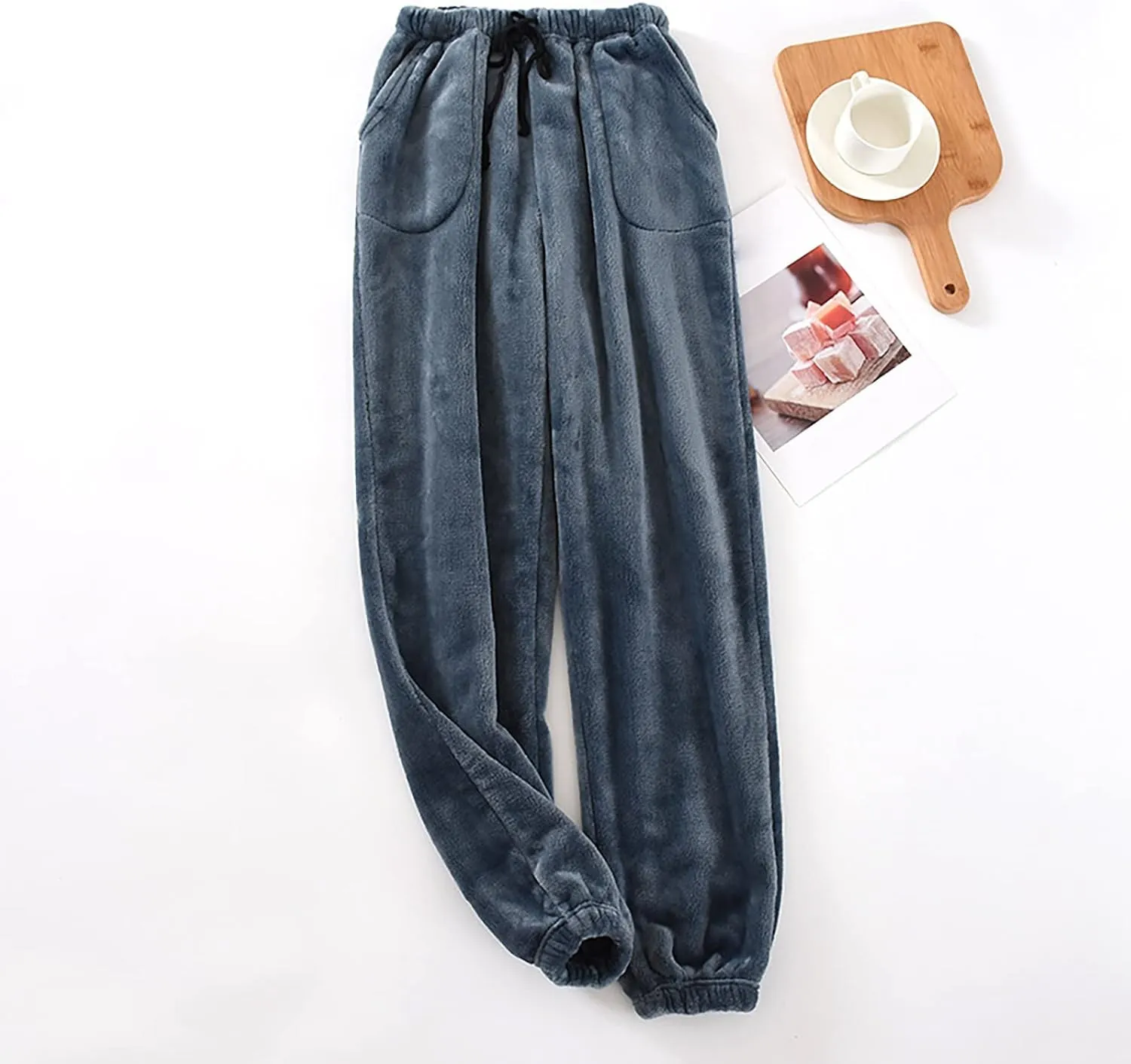 Warm Pajama Pants for Men Fluffy Sleepwear Drawstring Lounge Pants Casual Loose Fit Solid Fleece Trousers Home