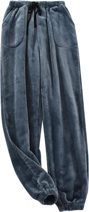 Warm Pajama Pants for Men Fluffy Sleepwear Drawstring Lounge Pants Casual Loose Fit Solid Fleece Trousers Home