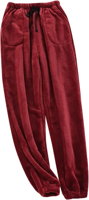 Warm Pajama Pants for Men Fluffy Sleepwear Drawstring Lounge Pants Casual Loose Fit Solid Fleece Trousers Home