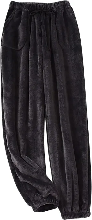 Warm Pajama Pants for Men Fluffy Sleepwear Drawstring Lounge Pants Casual Loose Fit Solid Fleece Trousers Home
