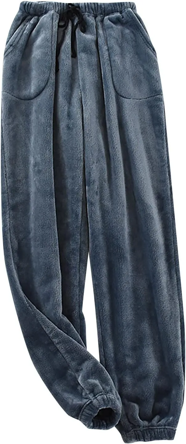 Warm Pajama Pants for Men Fluffy Sleepwear Drawstring Lounge Pants Casual Loose Fit Solid Fleece Trousers Home