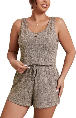 WDIRARA Women's Plus Size Sleepwear Button Sleeveless Tank Top and Shorts Rib Knit Pajama Set