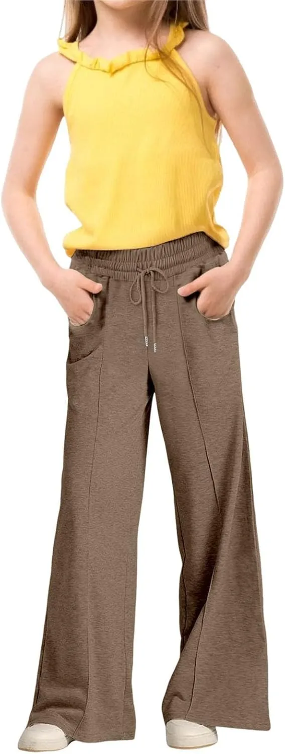 Wide Leg Sweatpants for Girls Elastic Drawstring Baggy Straight Leg Comfy Plain Joggers Trousers with Pockets