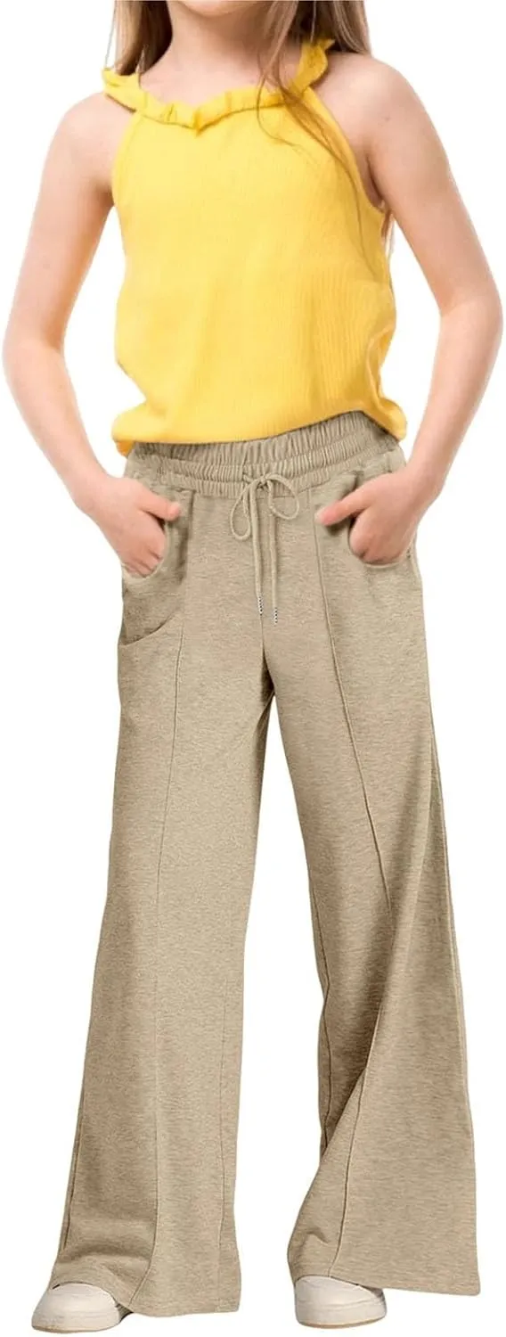 Wide Leg Sweatpants for Girls Elastic Drawstring Baggy Straight Leg Comfy Plain Joggers Trousers with Pockets