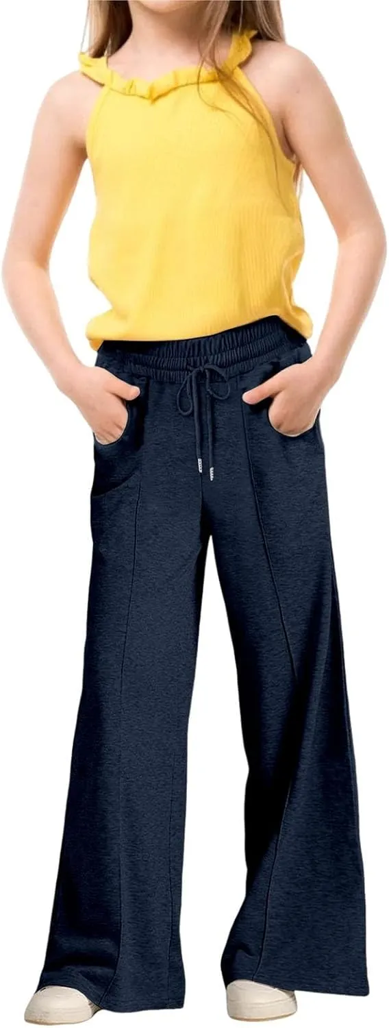 Wide Leg Sweatpants for Girls Elastic Drawstring Baggy Straight Leg Comfy Plain Joggers Trousers with Pockets
