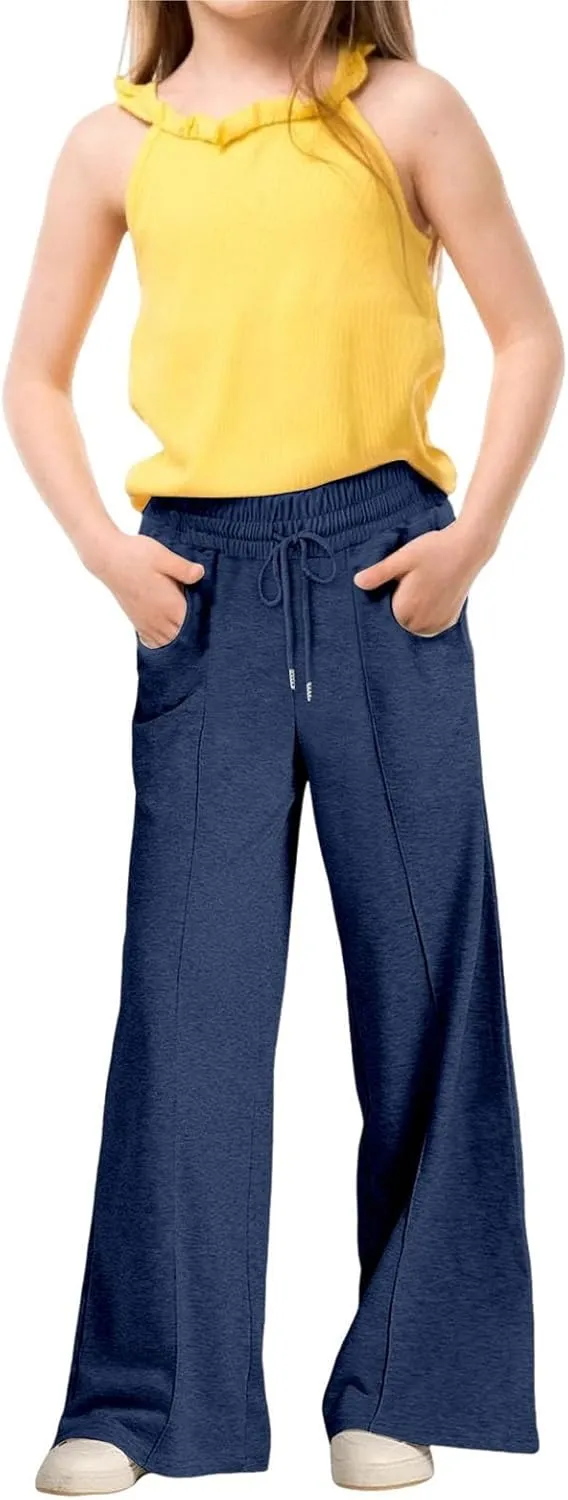 Wide Leg Sweatpants for Girls Elastic Drawstring Baggy Straight Leg Comfy Plain Joggers Trousers with Pockets