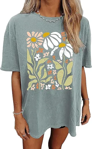 Wildflowers Shirts for Women Floral Oversized T-Shirt Inspirational Graphic Tees Boho Floral Wildflowers Shirt Tops