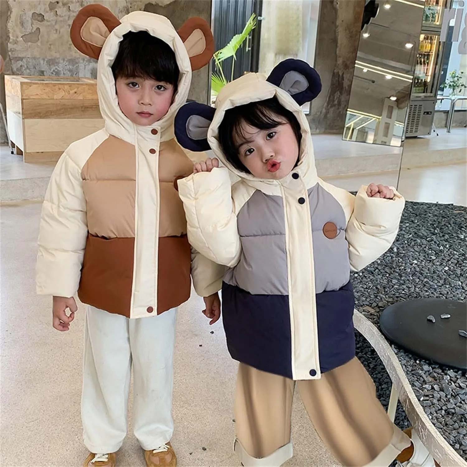 Winter Down Coats for Baby Boys Girls Basic Light Puffer Padded Jacket Cute Bear Hoods Infant Outerwear