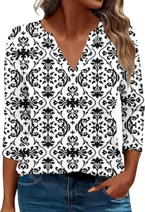 Women 3/4 Sleeve Floral Tops Dressy Casual Summer Blouses T Shirts V Neck Trendy Blouse Tunic Loose Fit Boho Clothing