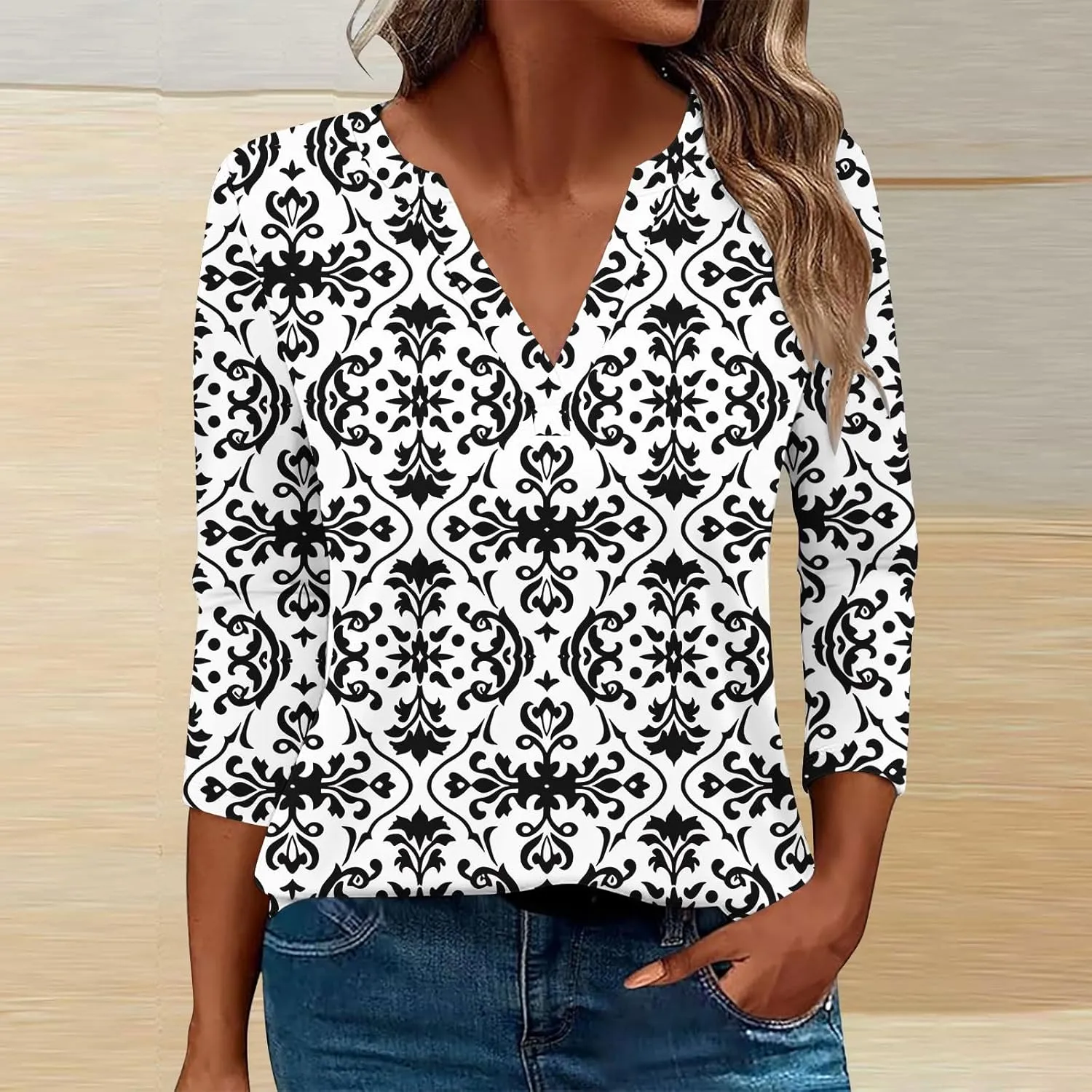 Women 3/4 Sleeve Floral Tops Dressy Casual Summer Blouses T Shirts V Neck Trendy Blouse Tunic Loose Fit Boho Clothing