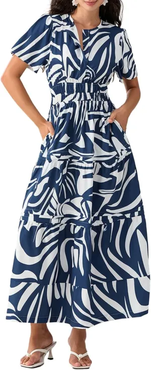 Women Boho Maxi Dress Short Sleeve V Neck Floral Print Loose Flowy Long Dress Aline Tiered Ruffle Beach Dress