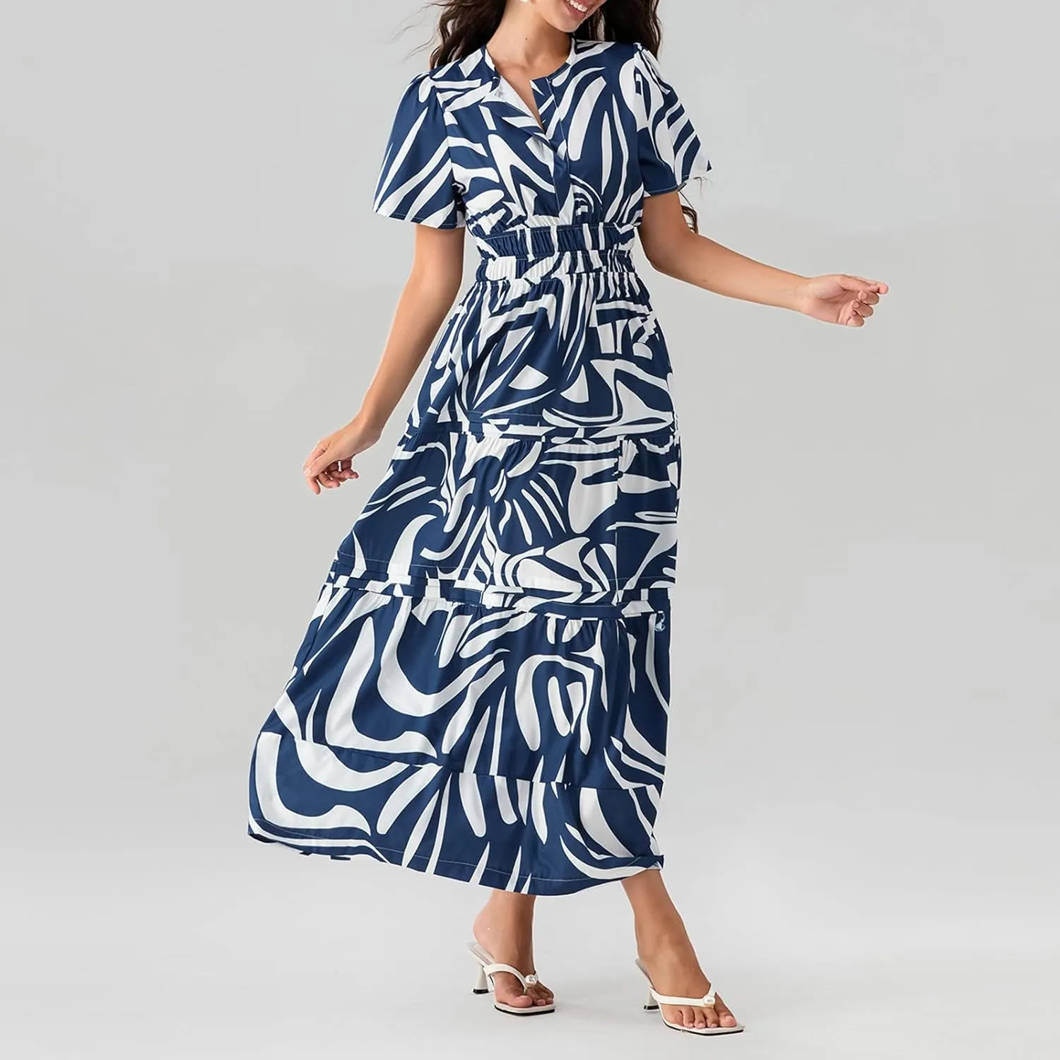Women Boho Maxi Dress Short Sleeve V Neck Floral Print Loose Flowy Long Dress Aline Tiered Ruffle Beach Dress