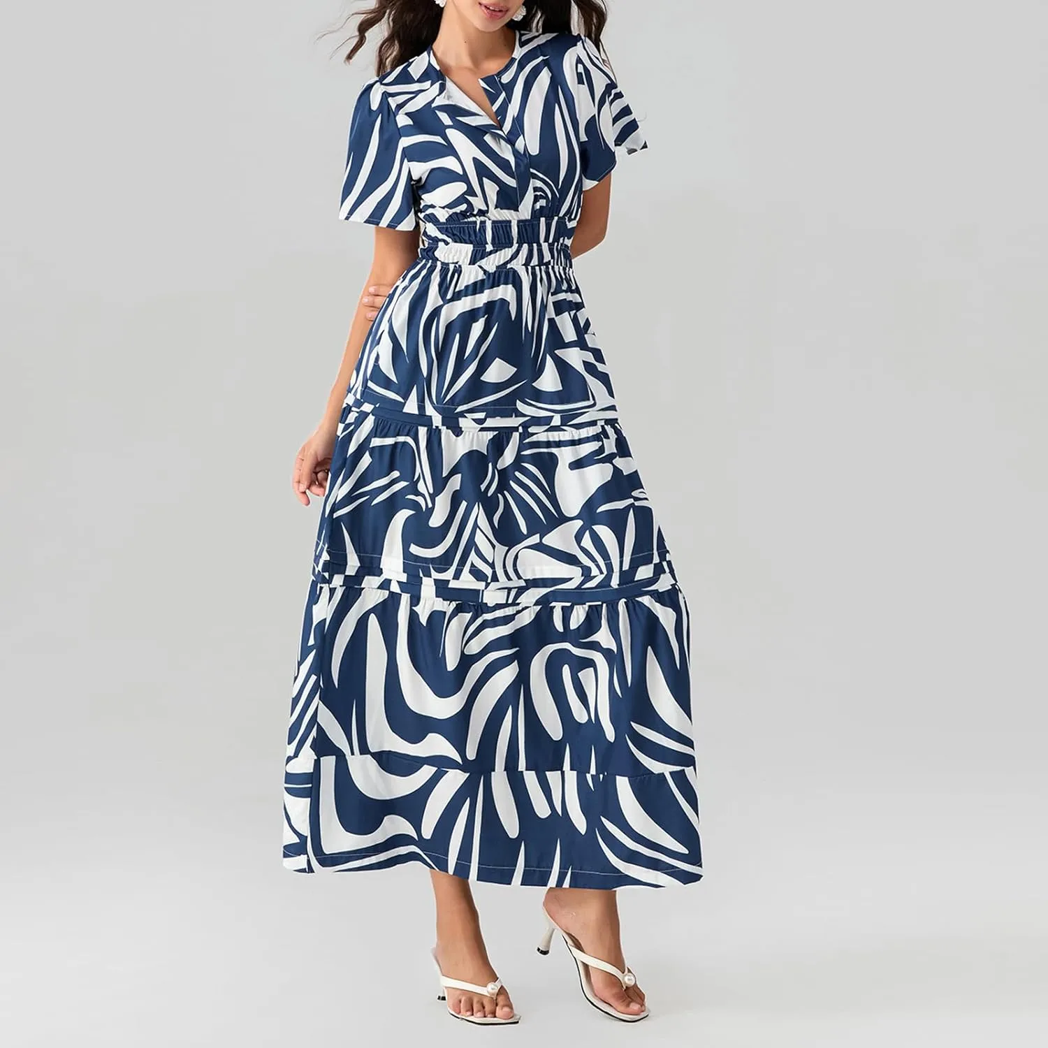 Women Boho Maxi Dress Short Sleeve V Neck Floral Print Loose Flowy Long Dress Aline Tiered Ruffle Beach Dress