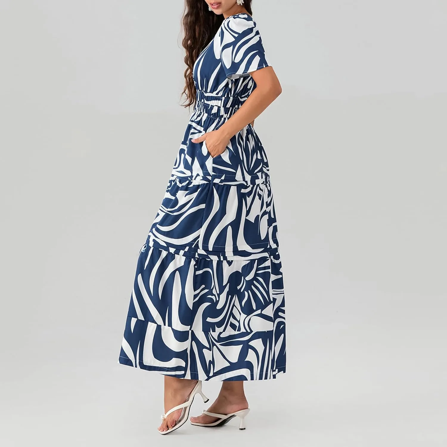 Women Boho Maxi Dress Short Sleeve V Neck Floral Print Loose Flowy Long Dress Aline Tiered Ruffle Beach Dress
