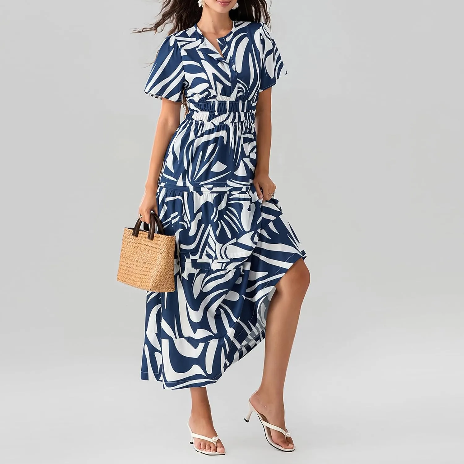 Women Boho Maxi Dress Short Sleeve V Neck Floral Print Loose Flowy Long Dress Aline Tiered Ruffle Beach Dress