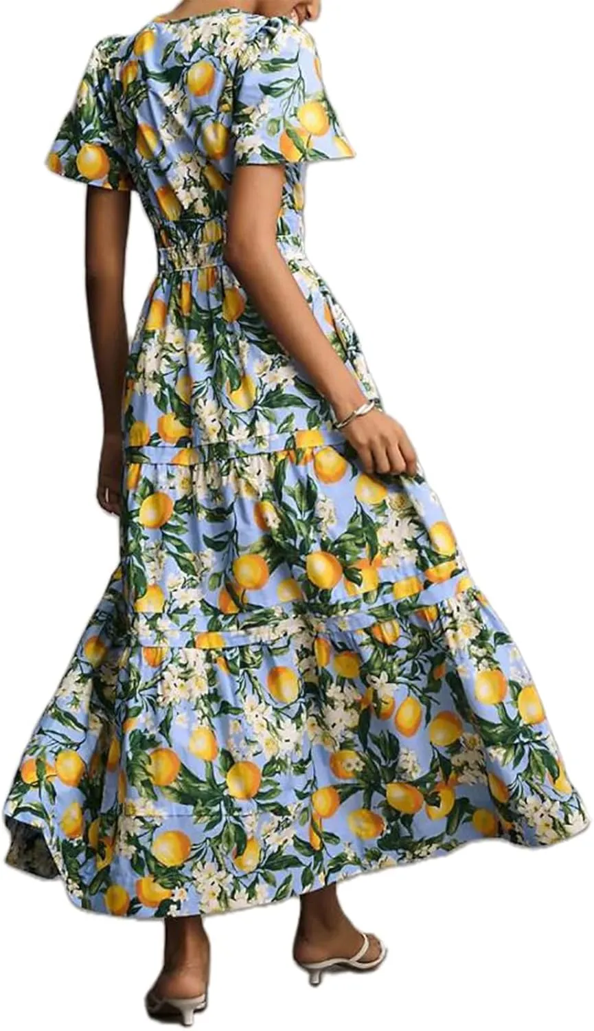 Women Boho Maxi Dress Short Sleeve V Neck Floral Print Loose Flowy Long Dress Aline Tiered Ruffle Beach Dress