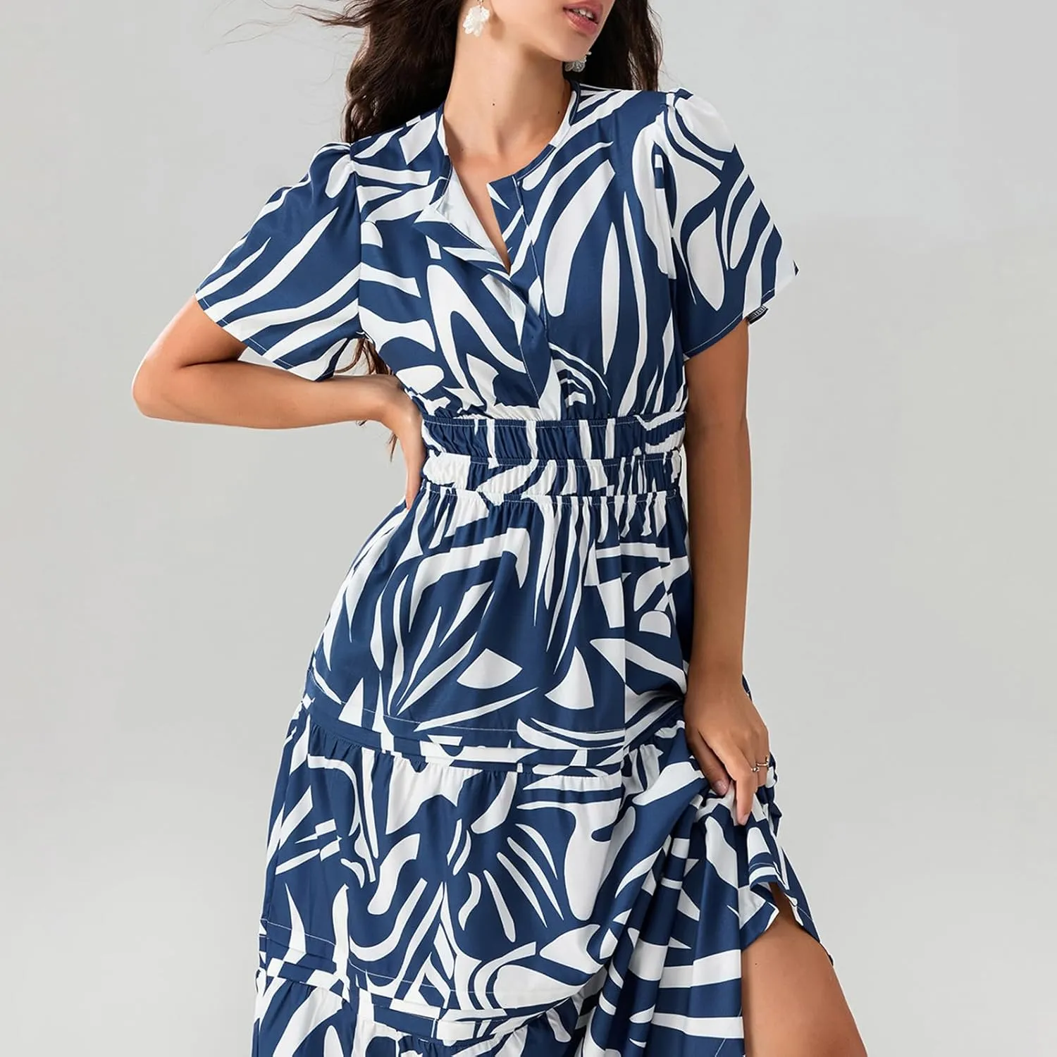 Women Boho Maxi Dress Short Sleeve V Neck Floral Print Loose Flowy Long Dress Aline Tiered Ruffle Beach Dress