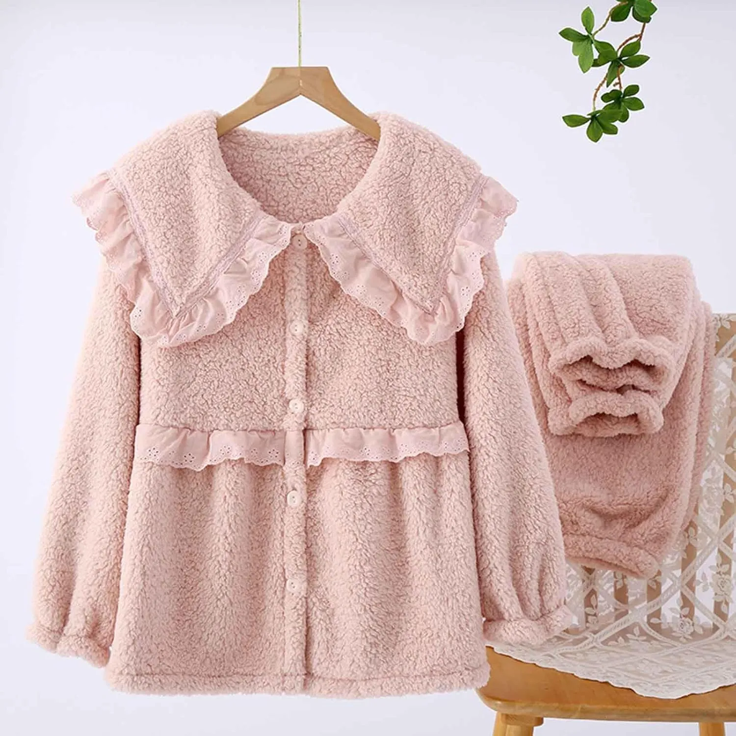 Women Fleece Pajamas Sets 2 Piece Lounge Sets Fluffy Plush Button Down Shirts Soft Pants Comfy Winter Sleepwear