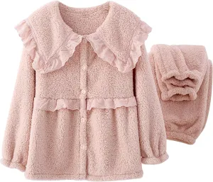Women Fleece Pajamas Sets 2 Piece Lounge Sets Fluffy Plush Button Down Shirts Soft Pants Comfy Winter Sleepwear