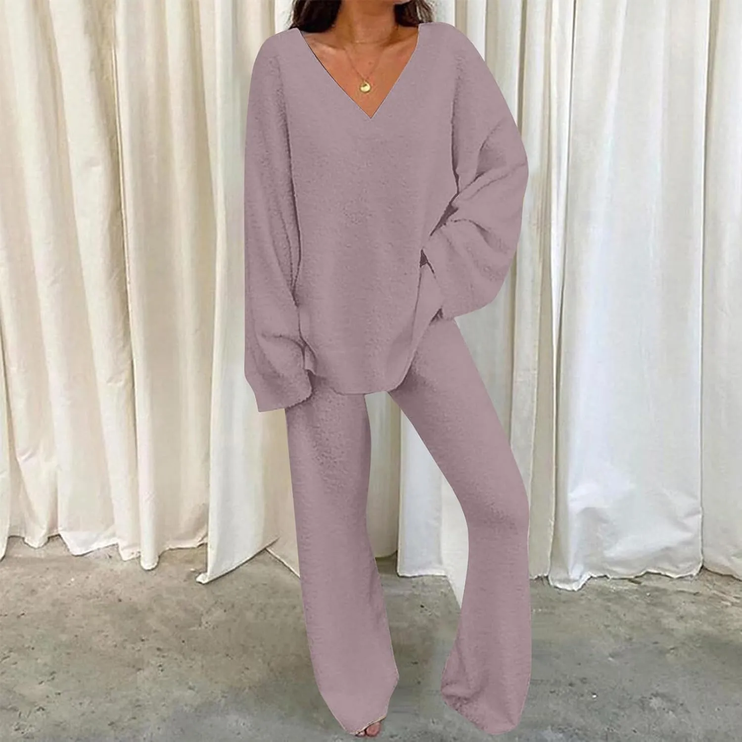 Women Lounge Set 2 Piece Outfits Fuzzy Fleece Pajama Set Long Sleeve Top Wide Leg Pants Loungewear Sweatsuit Pjs Sets