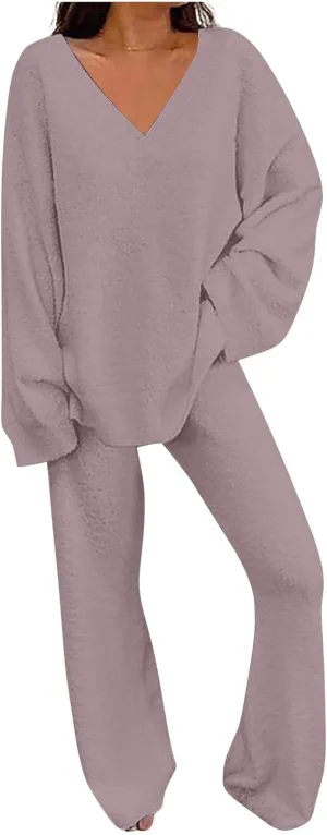 Women Lounge Set 2 Piece Outfits Fuzzy Fleece Pajama Set Long Sleeve Top Wide Leg Pants Loungewear Sweatsuit Pjs Sets