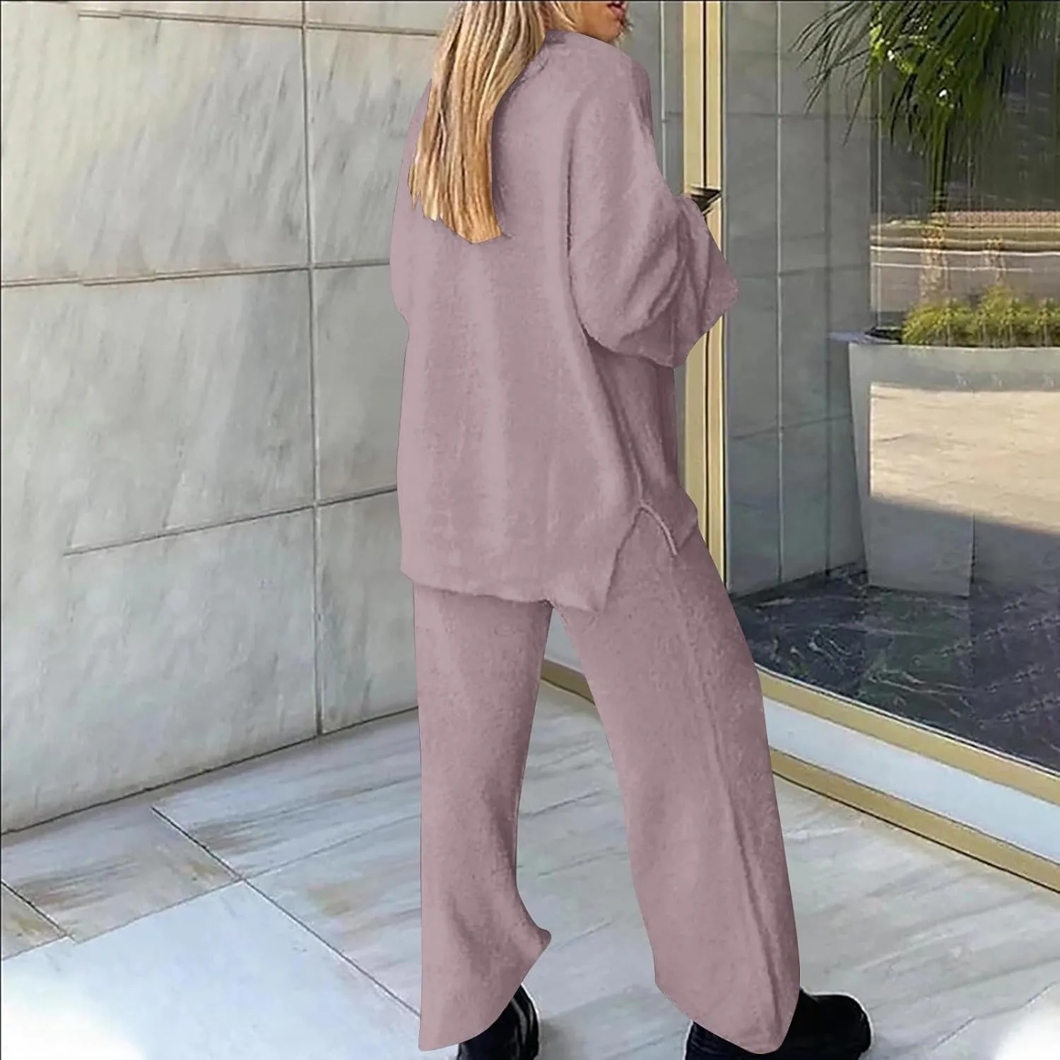 Women Lounge Set 2 Piece Outfits Fuzzy Fleece Pajama Set Long Sleeve Top Wide Leg Pants Loungewear Sweatsuit Pjs Sets