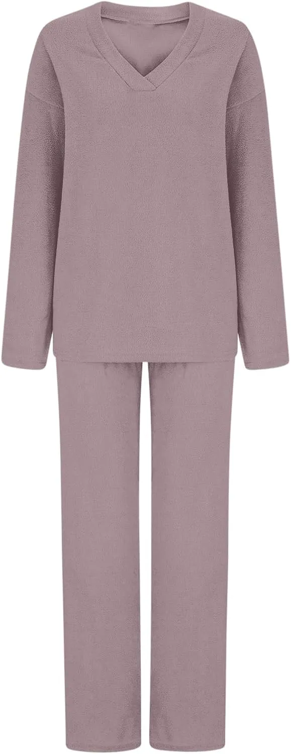 Women Lounge Set 2 Piece Outfits Fuzzy Fleece Pajama Set Long Sleeve Top Wide Leg Pants Loungewear Sweatsuit Pjs Sets