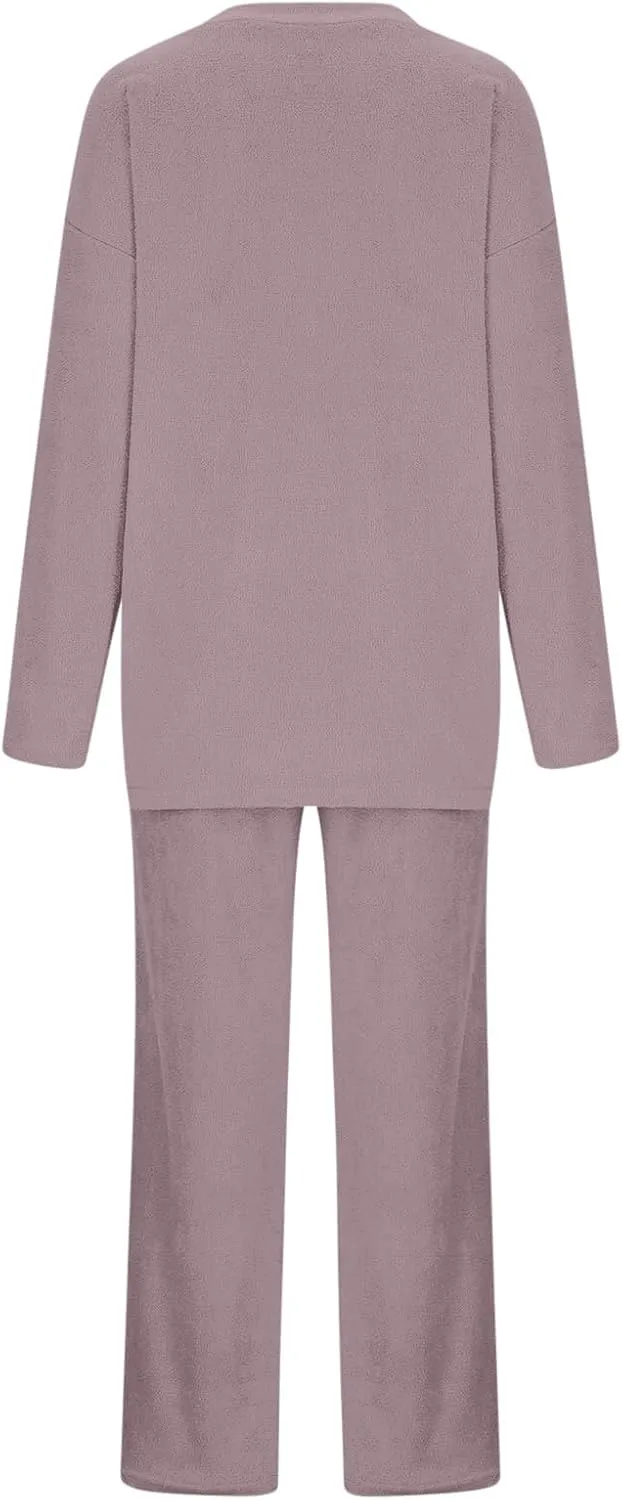Women Lounge Set 2 Piece Outfits Fuzzy Fleece Pajama Set Long Sleeve Top Wide Leg Pants Loungewear Sweatsuit Pjs Sets