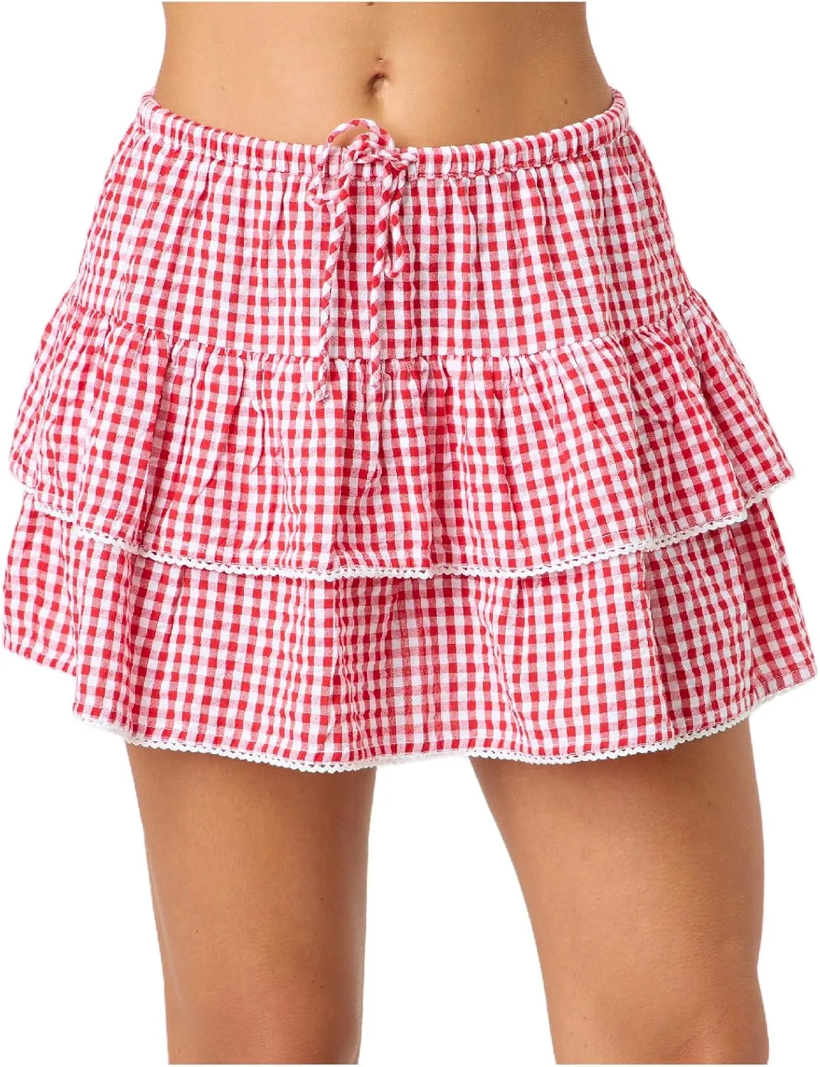 Women Plaid Ruffle Mini Skirt Y2k Gingham A line Pleated Short Skirt Elastic High Waist Layered Tiered Skirt