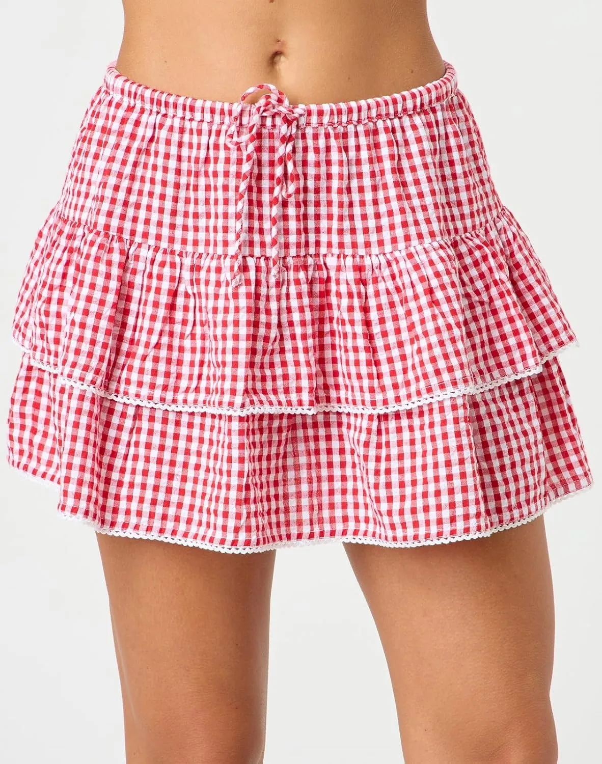 Women Plaid Ruffle Mini Skirt Y2k Gingham A line Pleated Short Skirt Elastic High Waist Layered Tiered Skirt