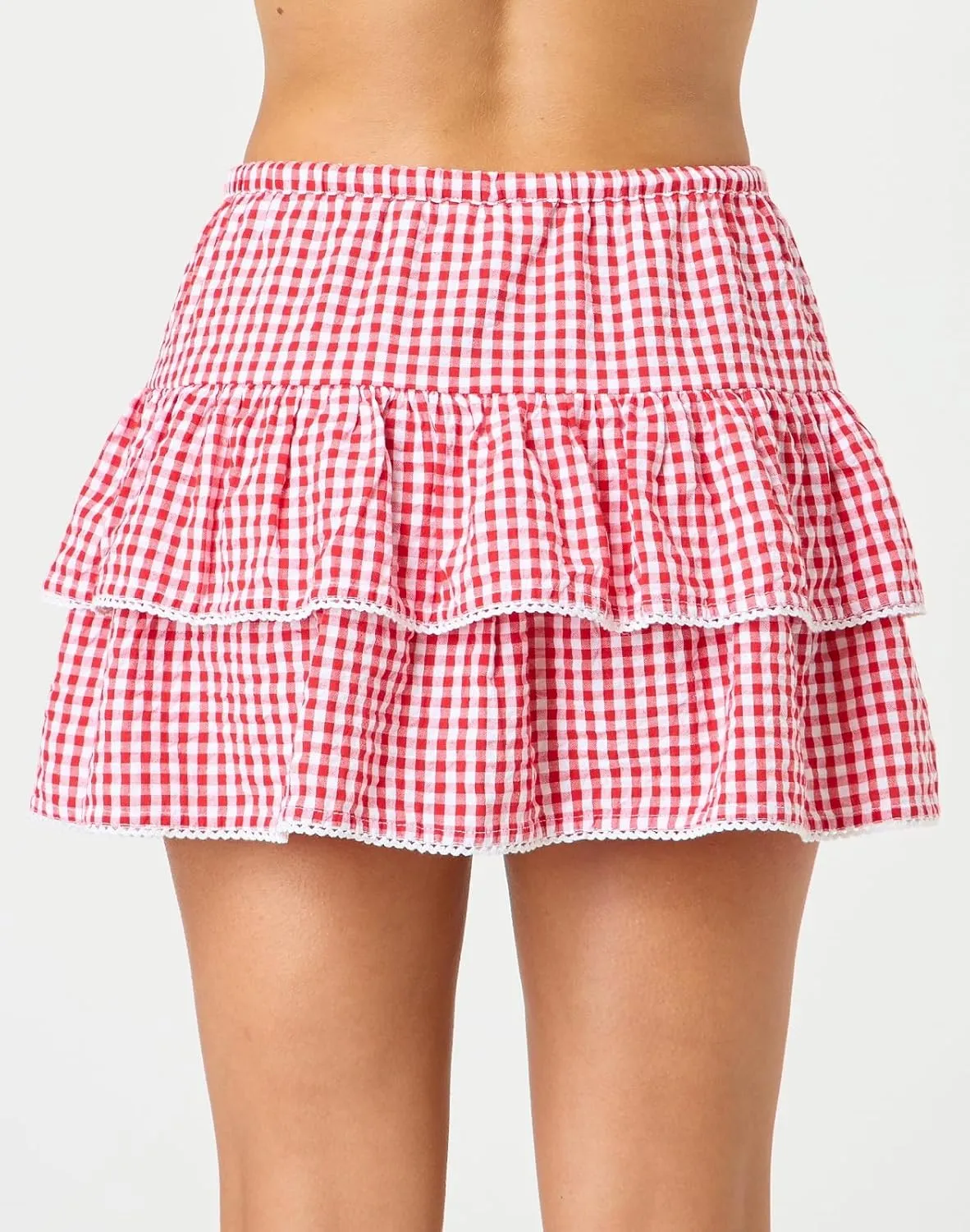 Women Plaid Ruffle Mini Skirt Y2k Gingham A line Pleated Short Skirt Elastic High Waist Layered Tiered Skirt