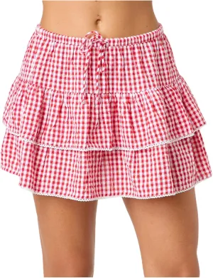 Women Plaid Ruffle Mini Skirt Y2k Gingham A line Pleated Short Skirt Elastic High Waist Layered Tiered Skirt