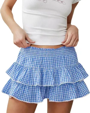 Women Plaid Ruffle Mini Skirt Y2k Gingham A line Pleated Short Skirt Elastic High Waist Layered Tiered Skirt