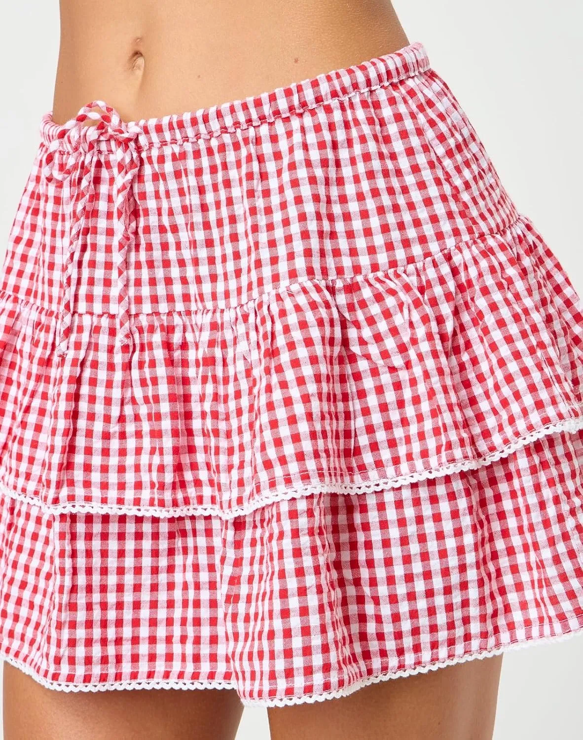Women Plaid Ruffle Mini Skirt Y2k Gingham A line Pleated Short Skirt Elastic High Waist Layered Tiered Skirt