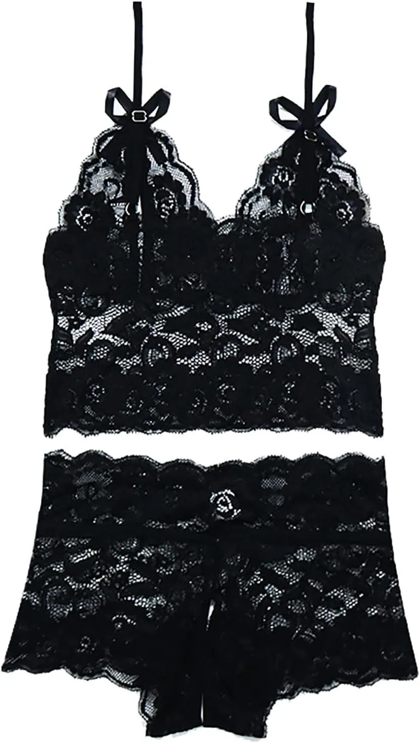 Women Sexy Lace Lingerie Sexy Lingerie Set Two Piece Lace Bra And Panty Set Bralette Sleepwear Sexy Lingerie (Black, M)