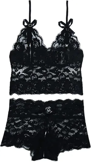 Women Sexy Lace Lingerie Sexy Lingerie Set Two Piece Lace Bra And Panty Set Bralette Sleepwear Sexy Lingerie (Black, M)