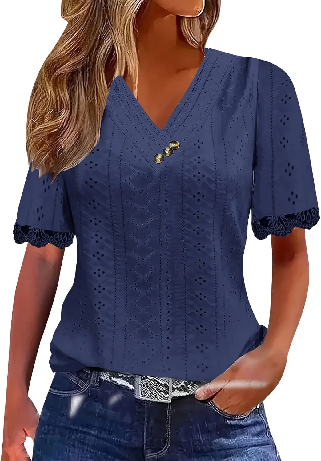 Women Short Sleeve Tops Summer V Neck Button Shirts Lace Blouse Comfy Tshirt Eyelet Tees Boho T-shirt Loose T Shirt