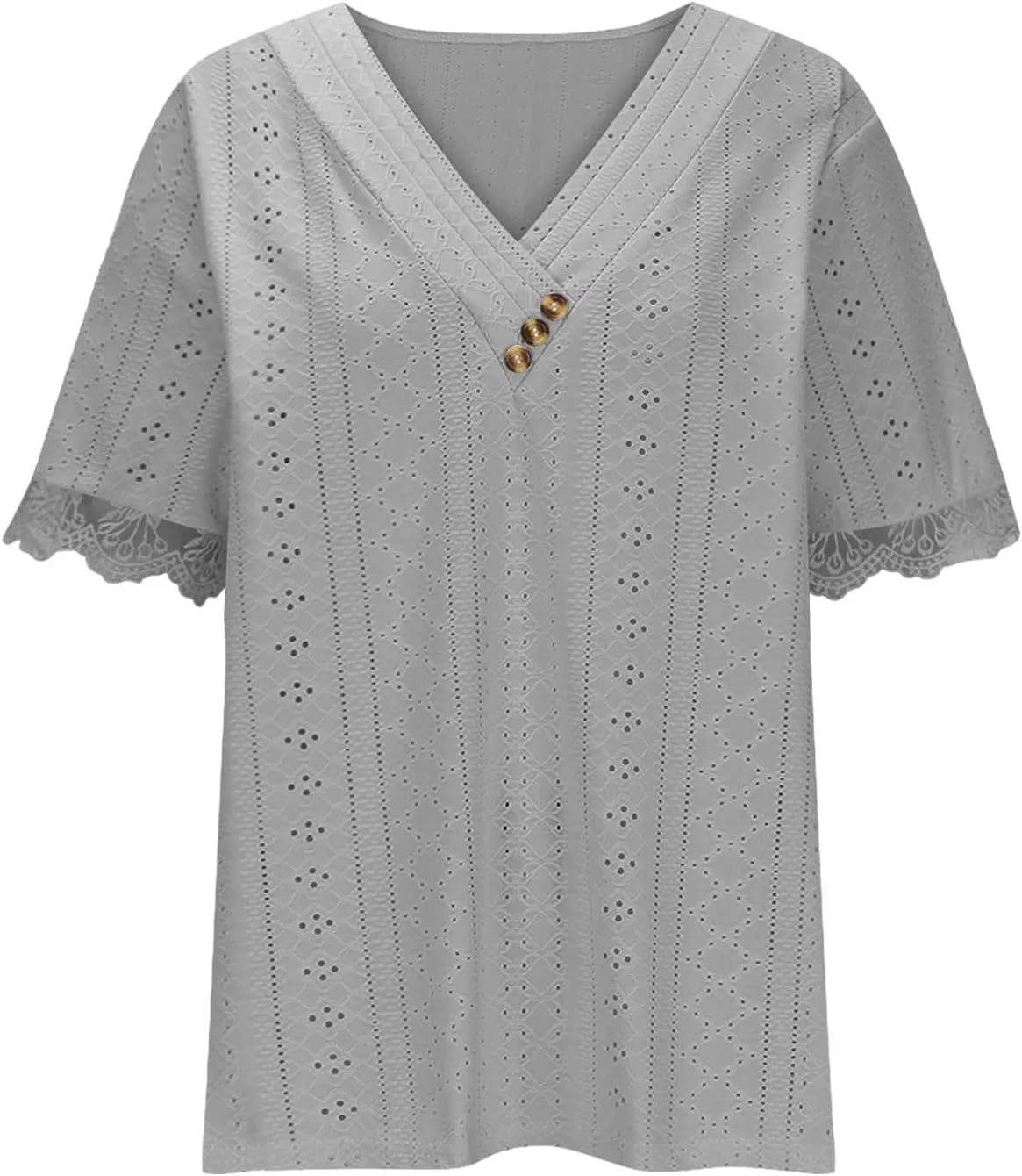 Women Short Sleeve Tops Summer V Neck Button Shirts Lace Blouse Comfy Tshirt Eyelet Tees Boho T-shirt Loose T Shirt
