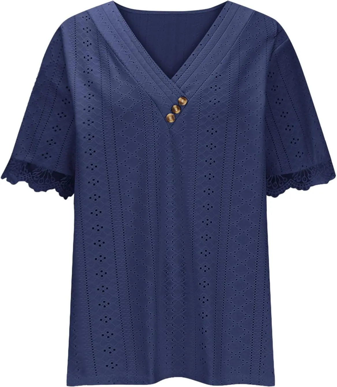 Women Short Sleeve Tops Summer V Neck Button Shirts Lace Blouse Comfy Tshirt Eyelet Tees Boho T-shirt Loose T Shirt