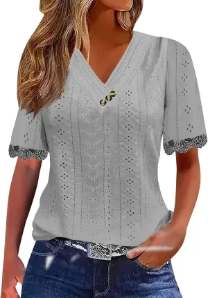 Women Short Sleeve Tops Summer V Neck Button Shirts Lace Blouse Comfy Tshirt Eyelet Tees Boho T-shirt Loose T Shirt