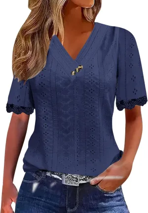 Women Short Sleeve Tops Summer V Neck Button Shirts Lace Blouse Comfy Tshirt Eyelet Tees Boho T-shirt Loose T Shirt