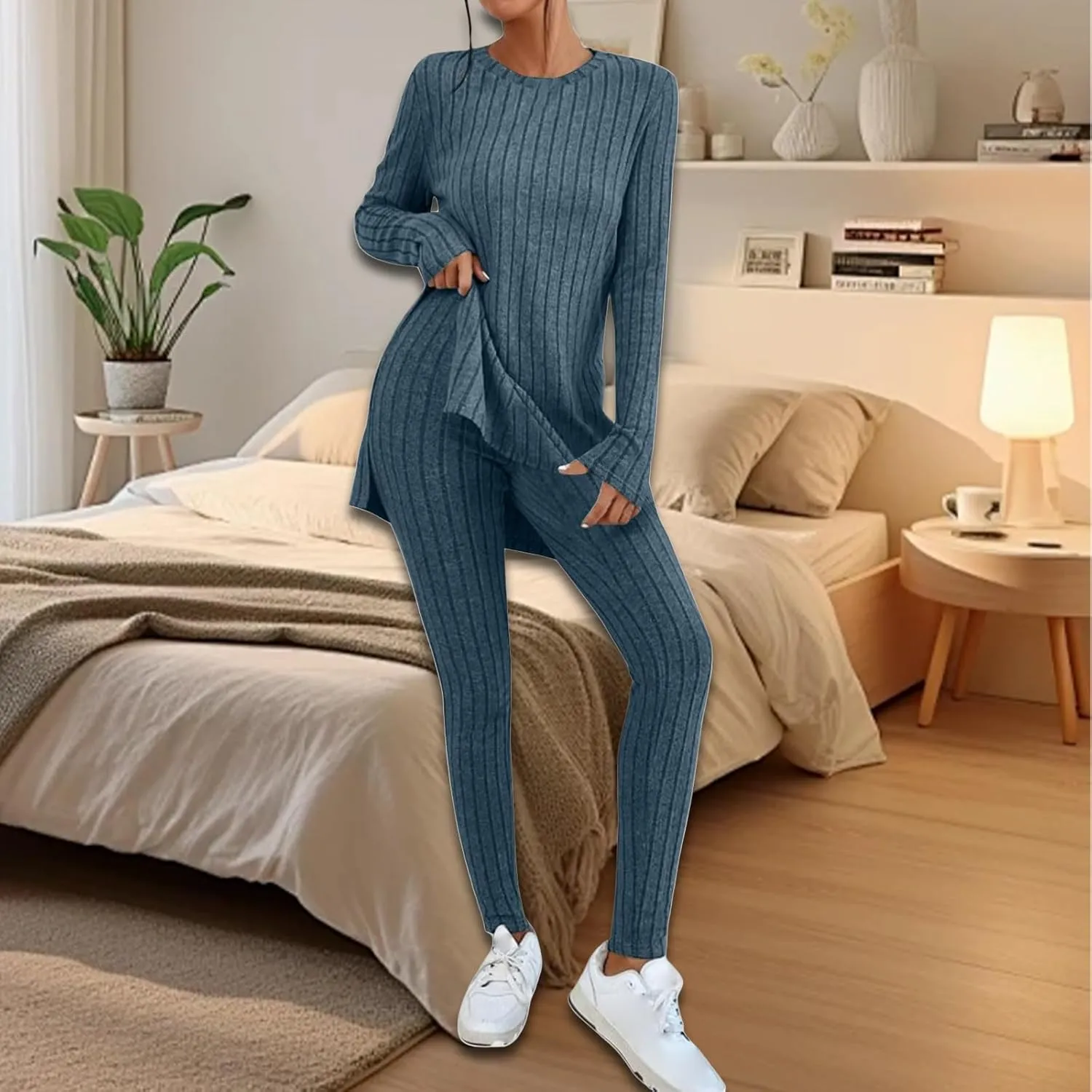Womens 2 Piece Lounge Set Warm Ribbed Knit Pajamas Sets Oversized Long Sleeve Tunic Tops Pants Matching Set