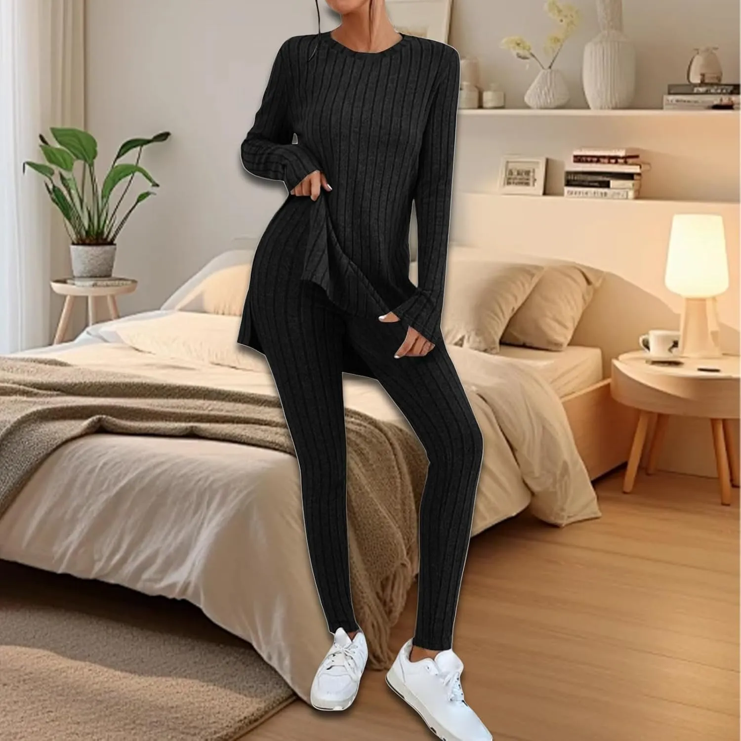 Womens 2 Piece Lounge Set Warm Ribbed Knit Pajamas Sets Oversized Long Sleeve Tunic Tops Pants Matching Set