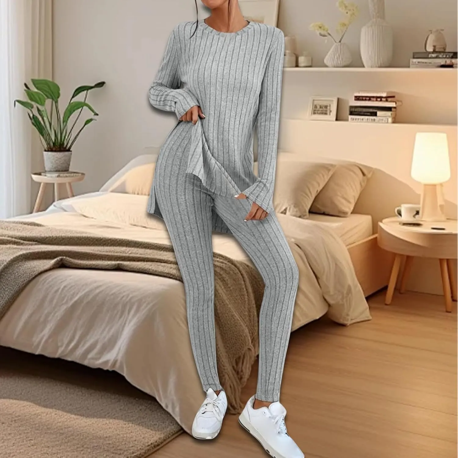 Womens 2 Piece Lounge Set Warm Ribbed Knit Pajamas Sets Oversized Long Sleeve Tunic Tops Pants Matching Set