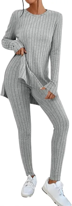 Womens 2 Piece Lounge Set Warm Ribbed Knit Pajamas Sets Oversized Long Sleeve Tunic Tops Pants Matching Set