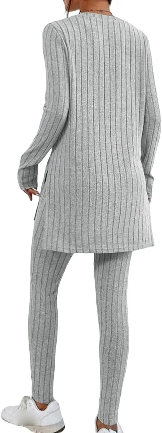 Womens 2 Piece Lounge Set Warm Ribbed Knit Pajamas Sets Oversized Long Sleeve Tunic Tops Pants Matching Set