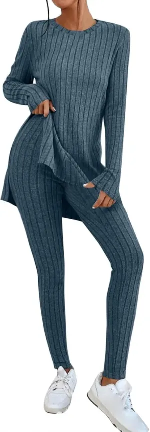 Womens 2 Piece Lounge Set Warm Ribbed Knit Pajamas Sets Oversized Long Sleeve Tunic Tops Pants Matching Set