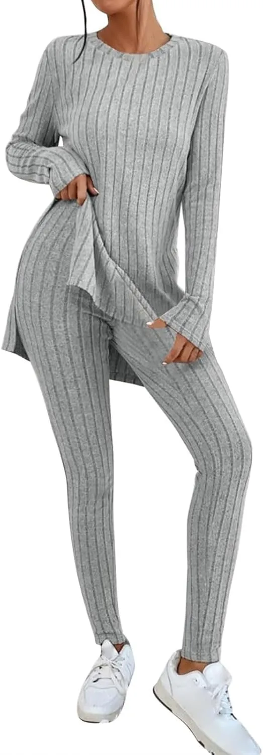 Womens 2 Piece Lounge Set Warm Ribbed Knit Pajamas Sets Oversized Long Sleeve Tunic Tops Pants Matching Set